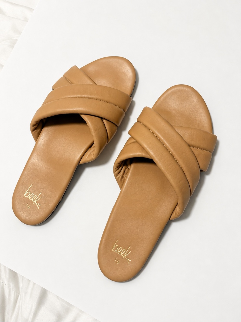Beek Tan Minimalist Twist-Strap Slide Preppy Sandals for Resort Genuine Leather